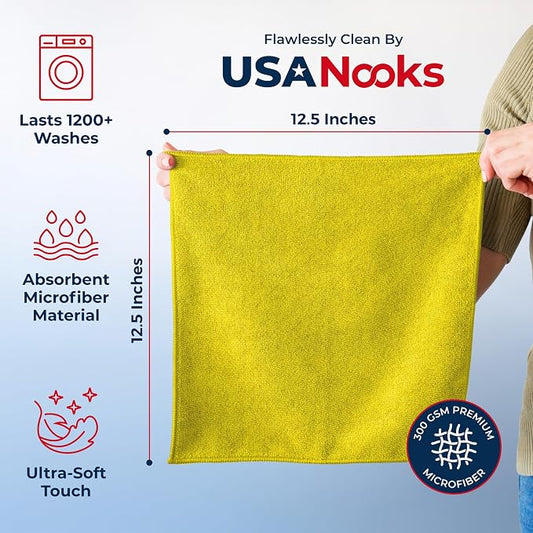 USANOOKS Microfiber Cleaning Cloth Yellow - 12 Pcs 12.5"x12.5" - High Performance - 1200 Washes, Ultra Absorbent Towels Weave Grime & Liquid for Streak-Free Mirror Shine - Car Washing Cloth