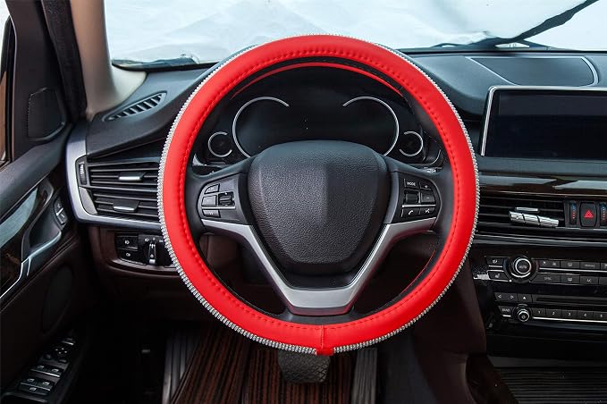 New Diamond Leather Steering Wheel Cover with Bling Bling Crystal Rhinestones, Universal Fit 15 Inch Car Wheel Protector for Women Girls Red