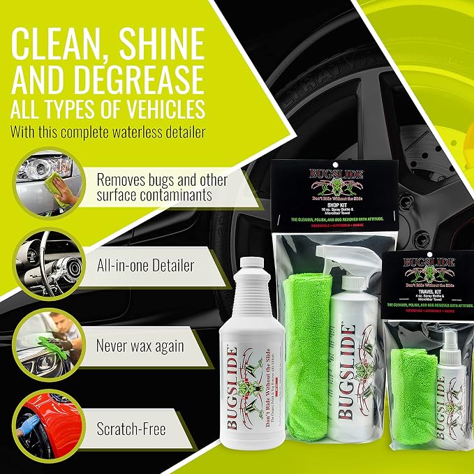 BugSlide Saver Pack, 4 oz Travel Kit with Microfiber Cloth, 16 oz Spray Kit with Microfiber Cloth, 32 oz Refill Bottle, Waterless Detailer, Cleans All Surfaces and Vehicles Without Scratching