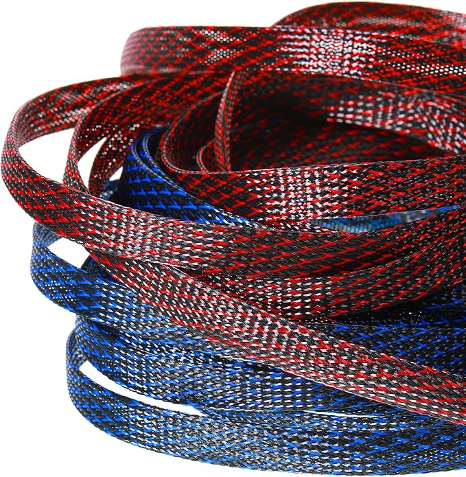 Xuniea 96ft Wire Loom Braided Cable Sleeve Covers Cord Management with 127 Pcs Tube Heat Shrinkable for Audio Video Cable Cord Protectors from Pets(1/2, 1/4, 3/8 Inch,Red, Blue and Black)