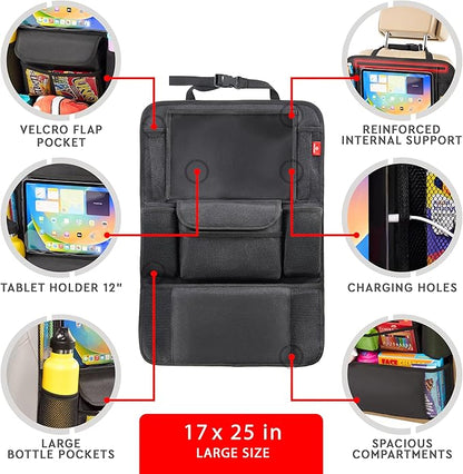Helteko Car Seat Organizer, Ultra Version Kids Backseat Car Organizers and Storage, Waterproof Back Seat Protector Kick Mats with Tablet Holder 12" Car Accessories Interior, Black 2 Pack