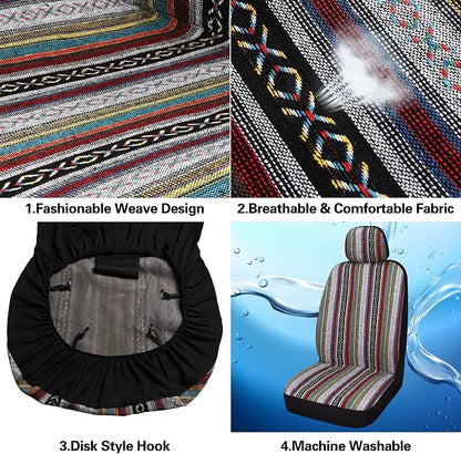 HAIYAOTIMES Baja Saddle Blanket Car Seat Covers Front Set with Seat Belt Pads, Washable Breathable Seat Covers for Cars, Universal Fit Interior Covers for Most Sedan Truck SUV, Airbag Compatible, Red