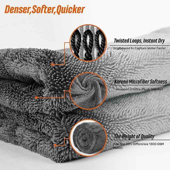 Car Drying Towel 1300 GSM, XL 24"x36", Microfiber Car Drying Towel, Twisted Loop Auto Drying Cloth, Ultra Absorbent, Fast Dry, Streak-Free Drying, Lint-Free & Scratch-Free, for Cars SUVs Trucks