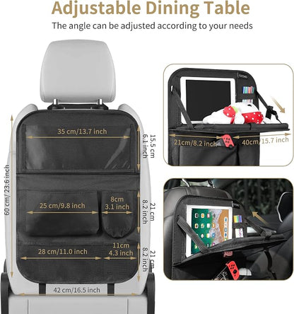 LUCMO Car Backseat Organizer with Touch Screen Tablet Holder,9 Storage Pockets Storage Organizer,Protectors Kick Mats Travel Accessories (Black, 2 Pack with Food Tray)