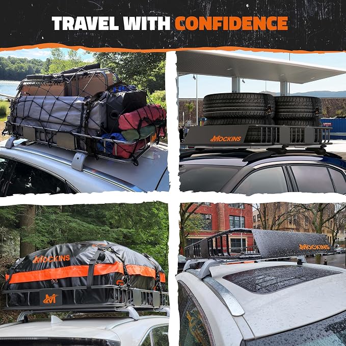 Mockins 64"x39"x6" Extendable Cargo Roof Rack Basket with 250 Lbs Capacity | Heavy-Duty Car Roof Cargo Carrier Rack Bundle with Straps & Net | All-Weather Steel Luggage Carrier for Car Rooftop Storage