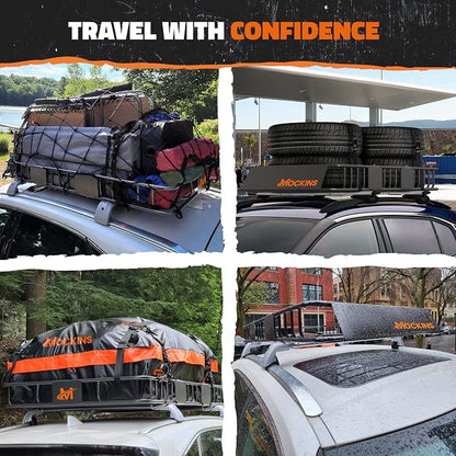 Mockins 64"x39"x6" Extendable Cargo Roof Rack Basket with 250 Lbs Capacity | Heavy-Duty Car Roof Cargo Carrier Rack Bundle with Straps & Net | All-Weather Steel Luggage Carrier for Car Rooftop Storage
