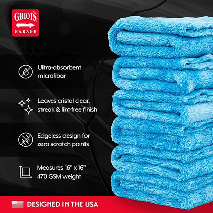 Griot's Garage Microfiber Plush Edgeless Towels, for Car Cleaning, Detailing and Polishing, Scratch-Free, 16” x 16”, Set of 6, 14901
