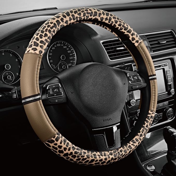 Road Comforts Leopard Steering Wheel Cover for Women, Cute Anti-Slip Microfiber Leather, Universal Fit 14.5-15 Inch Round Steering Wheel - Beige