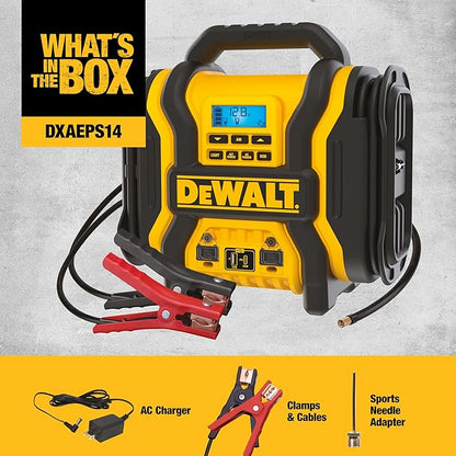 DEWALT DXAEPS14 2000 Peak Battery Amp 12V Automotive Battery Booster Jump Starter/Power Station with 120 PSI Compressor, 500W AC Power Inverter, and 15W USBa & 25W USB Ports