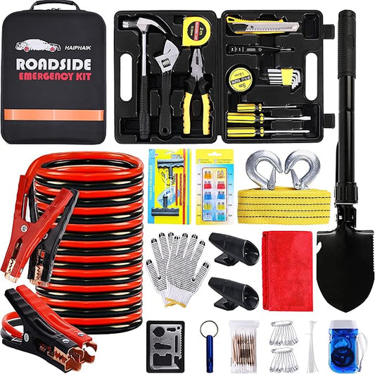 Car Emergency Roadside Kit Car Safety Kits for Vehicles with Jumper Cables | Premium Roadside Assistance Kit for Cars with Tow Strap Folding Shovel Car Tool Kit, New Car Gift for Travel and Breakdowns
