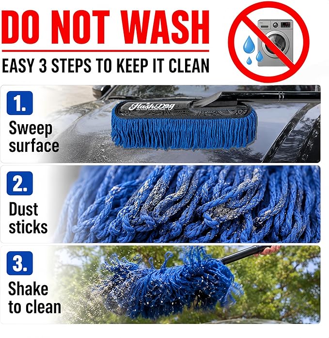 Flash Dog Car Duster Exterior – No Dust Scattering Auto Duster Brush with Classic Wood Handle, Wax-Treated Cotton Head, Scratch-Free, Reusable Dust Remover for Car, Truck, SUV