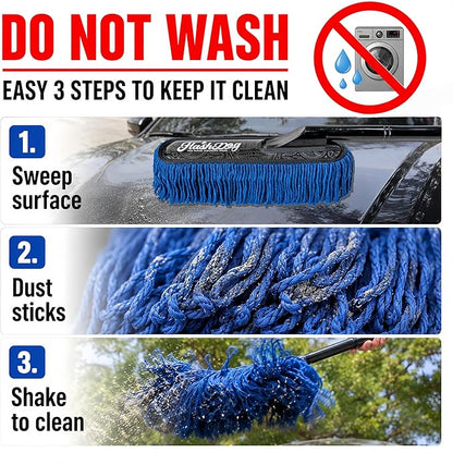 Flash Dog Car Duster Exterior – No Dust Scattering Auto Duster Brush with Classic Wood Handle, Wax-Treated Cotton Head, Scratch-Free, Reusable Dust Remover for Car, Truck, SUV