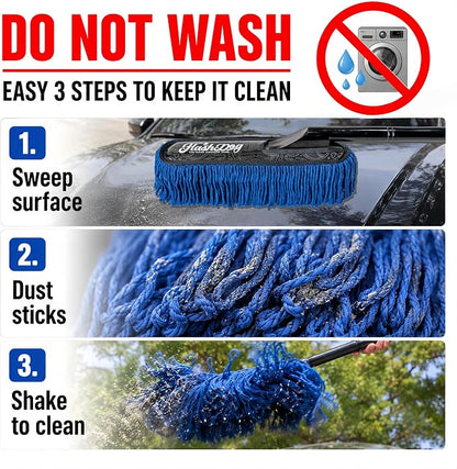 Flash Dog Car Duster Exterior & Interior Set – No Dust Scattering Auto Duster Brush with Wood Handle & Mini Brush, Wax-Treated Cotton Head, Scratch-Free Dust Remover for Car, Truck, SUV