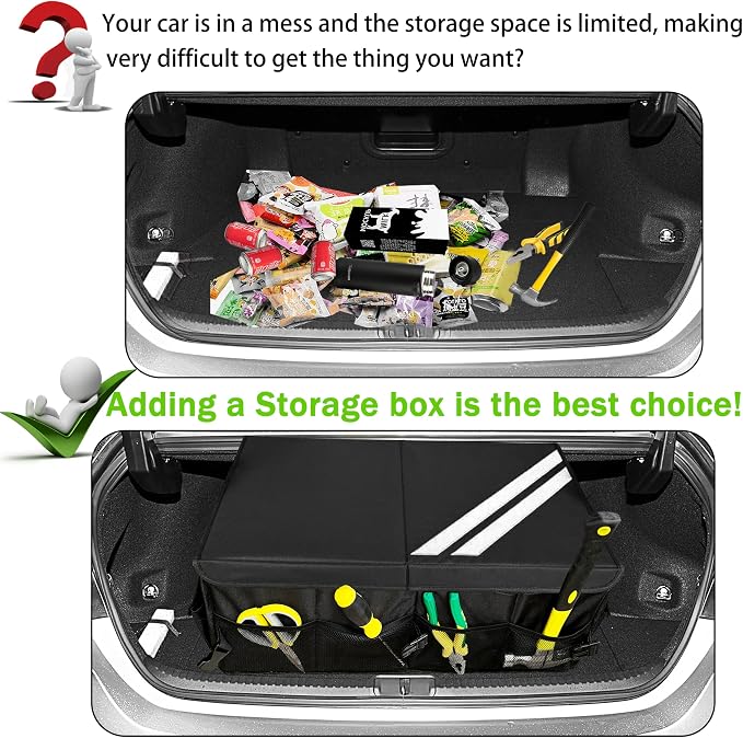 YOSRTER for Dodge Charger Durango Challenger Ram Car Trunk Organizer Collapsible Storage Box with Handle Foldable Lid Non Slip Bottom Sturdy Base Panel 2 Compartment White Trim