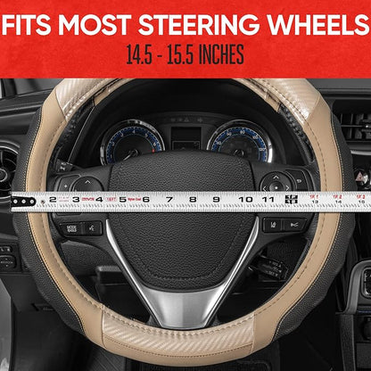 Motor Trend UltraSport Beige Carbon Fiber Steering Wheel Cover, Standard 15 inch Size, Black Faux Leather Comfort Grip, Car Steering Wheel Cover for Auto Truck Van SUV
