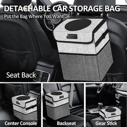 Cute Mini Car Trash Bag with Lid, Glitter Garbage Can Bin Hanging for Back/Front Seat/Console, Waterproof, Leakproof, 2.5 Gallon, Silver Bling Sparkly
