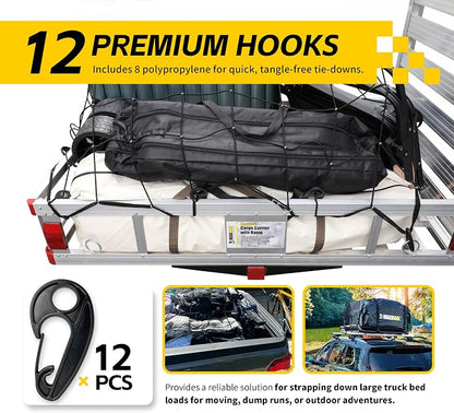 MaxxHaul Heavy-Duty Cargo Net – 3' x 5' Stretches to 6' x 10' – Wide 6" Mesh with 12 PP Hooks – Truck Bed, Trailer & Roof Rack Cargo Accessory