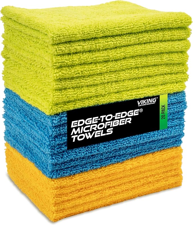 VIKING Microfiber Cloth for Car or Home 20 Pack, Edgeless Towel for Interior and Exterior Car Detailing, Multi-Purpose, Reusable Towels, Assorted, 12 Inch x 16 Inch