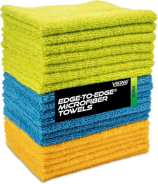 VIKING Microfiber Cloth for Car or Home 20 Pack, Edgeless Towel for Interior and Exterior Car Detailing, Multi-Purpose, Reusable Towels, Assorted, 12 Inch x 16 Inch
