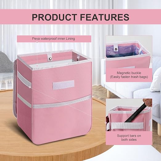 Healsmart 2 Gallon Car Trash Can Lid and Storage Pockets, Leak-Proof Collapsible and Portable Organizer, Multipurpose Garbage Bin with Adjustable Straps, Pink