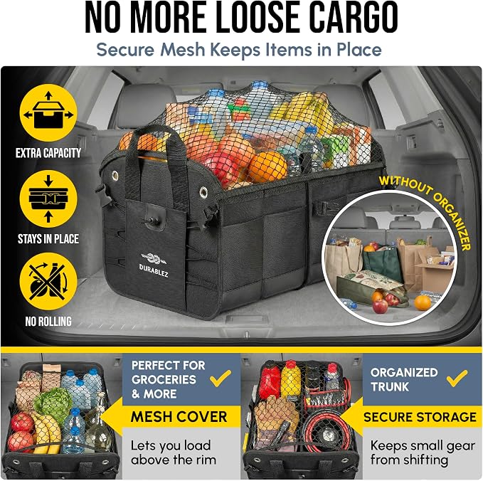 2-Section Trunk Organizer Foldable Car Storage Bin – Compact Dual-Compartment Auto Organizer with Cover Net, Non-Slip Pads, Heavy Duty Oxford 1680D – Black