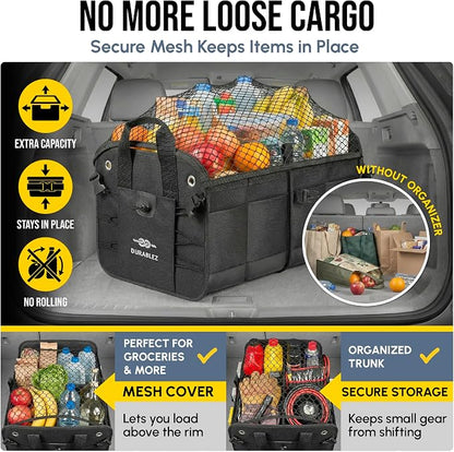 2-Section Trunk Organizer Foldable Car Storage Bin – Compact Dual-Compartment Auto Organizer with Cover Net, Non-Slip Pads, Heavy Duty Oxford 1680D – Black