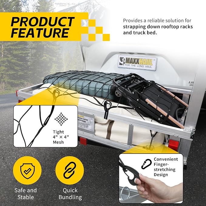 MaxxHaul Heavy-Duty Cargo Net – 44" x 16" Stretches to 88" x 32" – Tight 4" Mesh with 8 PP Hooks – Truck & SUV Bed Net, Trailer & Roof Rack Cargo Accessory