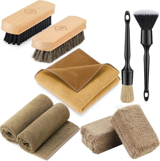 Fantasticlean 9PC Car Detailing Kit，Boars Hair Brush，Horse Hair Bristle，Suede-Coral Cloth，Car Dust Brush，Microfiber Towel & Applicator，Scratch-Free & Ultra-Soft for Leather, Seats & Interior Cleaning