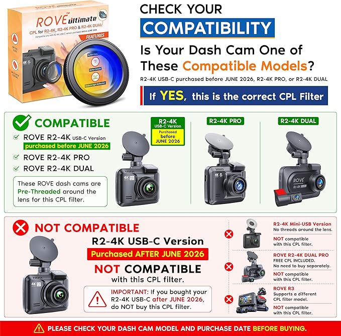 ROVE Ultimate CPL Filter, Anti-Glare Circular Polarizer Lens for ROVE R2-4K, R2-4K PRO, and R2-4K Dual Dash Cam Models