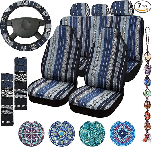 Frienda Baja Saddle Blanket Car Seat Covers Full Set Multicolor Stripe Boho Steering Wheel Cover Seat Belt Pads Crystal Hanging Ornament Automotive Interior Universal Fit Most Cars (Retro Style)