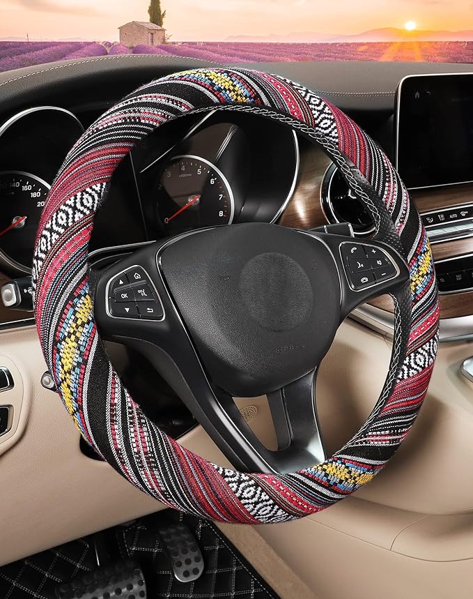 SEG Direct Boho Steering Wheel Cover with Baja Blanket Cloth, Ethnic Style Auto Wheel Cover Made of Coarse Flax, Fits 14 1/2-15 1/4 inches Car Wheel