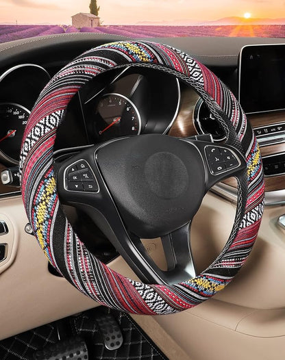 SEG Direct Boho Steering Wheel Cover with Baja Blanket Cloth, Ethnic Style Auto Wheel Cover Made of Coarse Flax, Fits 14 1/2-15 1/4 inches Car Wheel