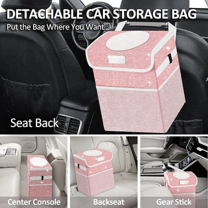 Cute Mini Car Trash Bag with Lid, Glitter Garbage Can Bin Hanging for Back/Front Seat/Console, Waterproof, Leakproof, 2.5 Gallon, Pink Bling Sparkly