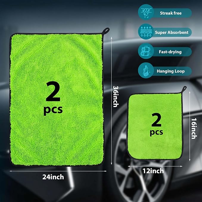 Aidoclip 4PCS Car Drying Towel Microfiber Detailing Kit - 36x24 in Car Towels Cleaning Supplies, Reusable Shammy Quick Dry Cloth for Carwash, for Auto, Boat, RV, Garage & Home (Green)