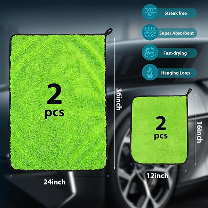 Aidoclip 4PCS Car Drying Towel Microfiber Detailing Kit - 36x24 in Car Towels Cleaning Supplies, Reusable Shammy Quick Dry Cloth for Carwash, for Auto, Boat, RV, Garage & Home (Green)