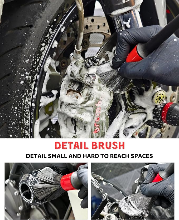 Motorcycle Cleaning Brush Kit 6 Pack, Easy Reach Brush, Chain Brush,Wool Wash Mitt, Stiff Tire Brush, Detailing Brush& Microfiber Towel for Motorcycle Mudguard, Rims,Exhaust, Frame Detailing Wash Kit