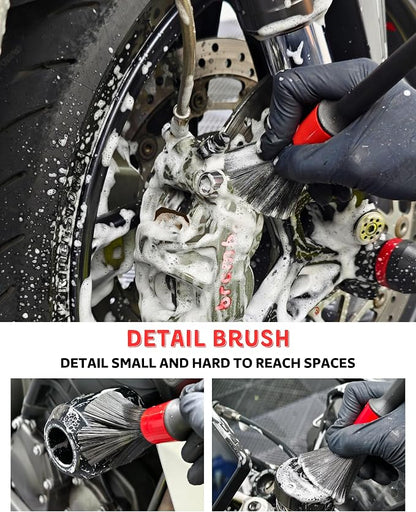 Motorcycle Cleaning Brush Kit 6 Pack, Easy Reach Brush, Chain Brush,Wool Wash Mitt, Stiff Tire Brush, Detailing Brush& Microfiber Towel for Motorcycle Mudguard, Rims,Exhaust, Frame Detailing Wash Kit