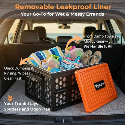 Mymazn Trunk Organizer Plastic for Car, Orange | Collapsible Crate Storage, With Lid, Waterproof Bag, Optional Insulated Cooler, For SUV, Groceries, Camping