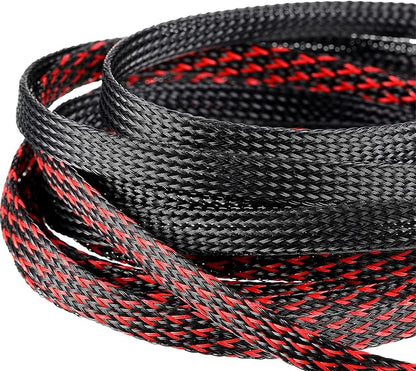 Xuniea 96ft Wire Loom Braided Cable Sleeve Covers Cord Management with 127 Pcs Tube Heat Shrinkable for Audio Video Cable Cord Protectors from Pets (1/2, 1/4, 3/8 Inch,Black and Red)
