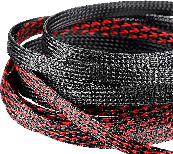 Xuniea 96ft Wire Loom Braided Cable Sleeve Covers Cord Management with 127 Pcs Tube Heat Shrinkable for Audio Video Cable Cord Protectors from Pets(1/4, 3/4, 1 Inch,Black and Red)
