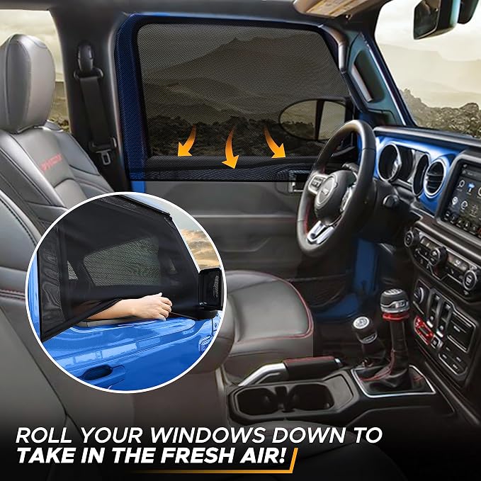 EcoNour Front Window Shade for Jeep Wrangler | Mesh Window Shade for Side Windows Sun Glare & UV Protection | Wrangler Sun Shades for Front Window | Adjustable Elastic Fabric Window Shade for Jeep