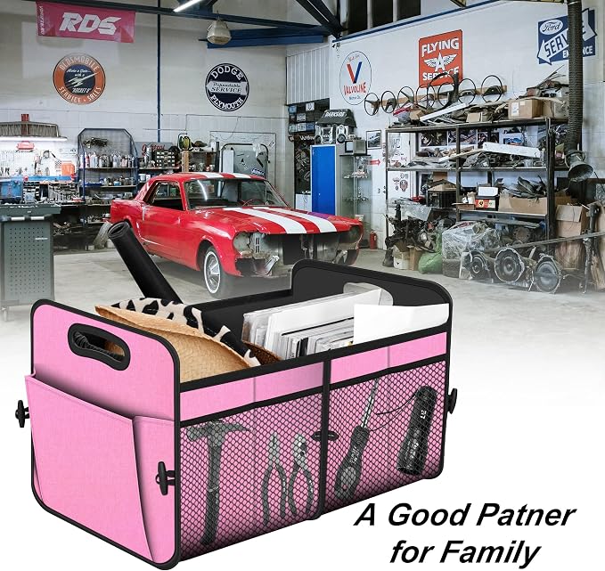 Femuar Car Trunk Organizer,Car Storage Organizer with 72L Large Capacity Waterproof Collapsible and 11 Pockets,Trunk Organizer for Car Suv/Jeep/Sedan, Large Size, Pink