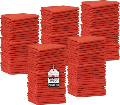Shop Towels (Red, 150-Pack) - Bulk Cleaning Towel in a Bag, Mechanic Cotton Wipes for Car Maintenance, Auto Mechanics & Garage, Wipe Grease & Oil, Machine Wash & Reusable