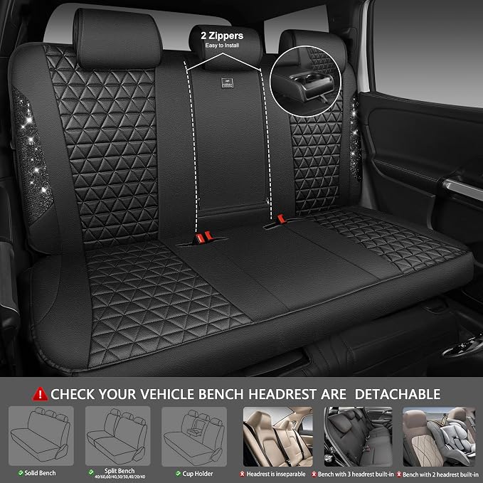 CAR PASS Bling Diamond Black Leather Car Seat Covers Full Sets Interior Sets, Waterproof Shining Glitter Sparkly Crystal Universal Armrest Fit Automotive Truck SUV Cute Women Girl, Black PU Rhinestone