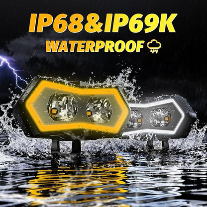 4WDKING LED Pod Lights 4 Inch with Dual-Color DRL Flood Beams Offroad Driving & Work Lights for Motorcycle Truck UTV ATV SUV 4x4 IP68 Waterproof (1 Pack)