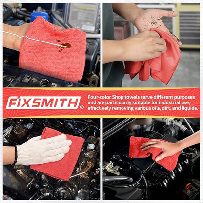 FIXSMITH Microfiber Cleaning Cloth, Shop Towels Bulk, 24 Pack Red Microfiber Towels for Cars, All-Purpose Absorbent Cleaning Rags, Dust Cloth for Automotive, Mechanic, Garage, Bar, 12 x 11 inch