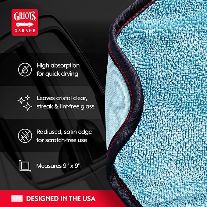 Griot's Garage PFM Dual Weave Glass Towels for Car Windows and Windshield Cleaning, Cloths for Auto Detailing, Double-Sided, Set of 4, 9" x 9", 55582