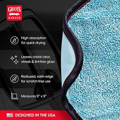 Griot's Garage PFM Dual Weave Glass Towels for Car Windows and Windshield Cleaning, Cloths for Auto Detailing, Double-Sided, Set of 4, 9" x 9", 55582