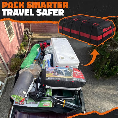 Mockins 45 Cu Ft XL Waterproof Rooftop Cargo Bag 75"x48"x22" | Car Roof Cargo Carrier Bag for Use with or without Roof Rack | Vehicle Soft-shell Carriers w/ Mat, Lock, Hooks, Straps & Case
