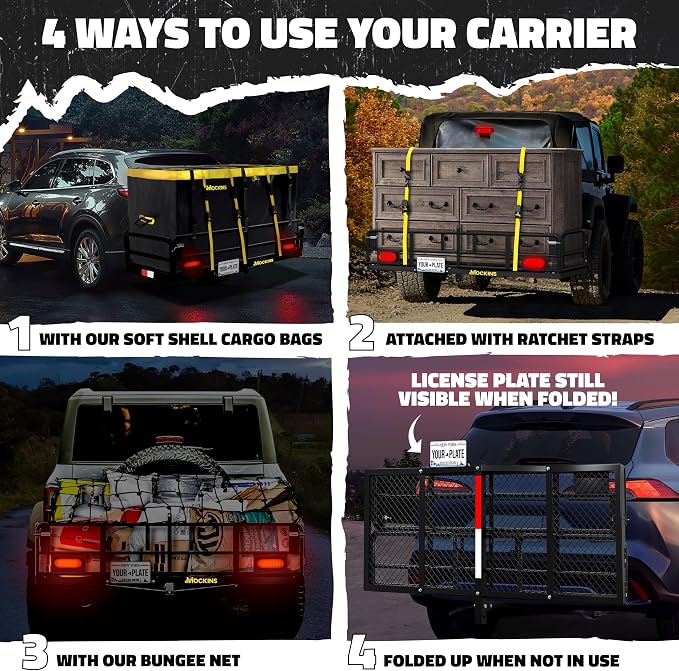 Mockins 60"x24"x14" High Rail Car Trailer Hitch Cargo Carrier w/Rear Lights, Plate Bracket & 30 CuFt Waterproof Hitch Cargo Bag | 500 Lbs. Cap Weatherproof Folding Luggage Rack for SUV Car Truck & RV